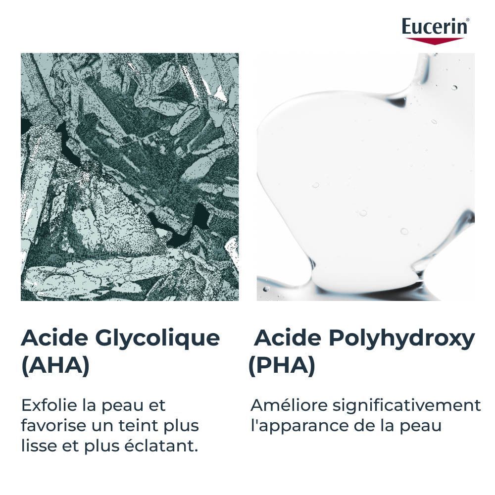Gros plan d'Acide Glycolique (AHA) et Acide Polyhydroxy (PHA). Texte: AHA + PHA renouvelle la peau.