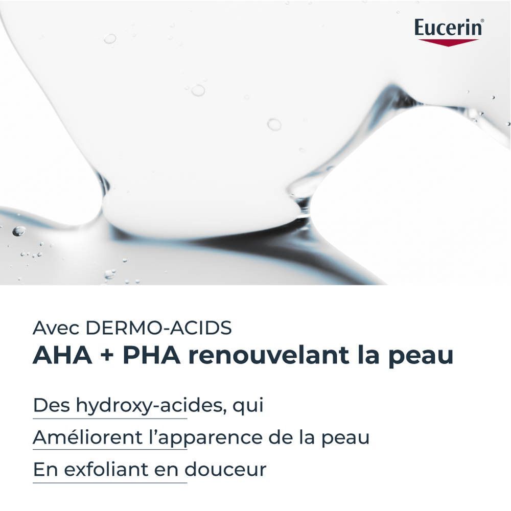 Gros plan de liquides. Texte: AHA + PHA renouvelle la peau. Texte: Améliore l'apparence de la peau.
