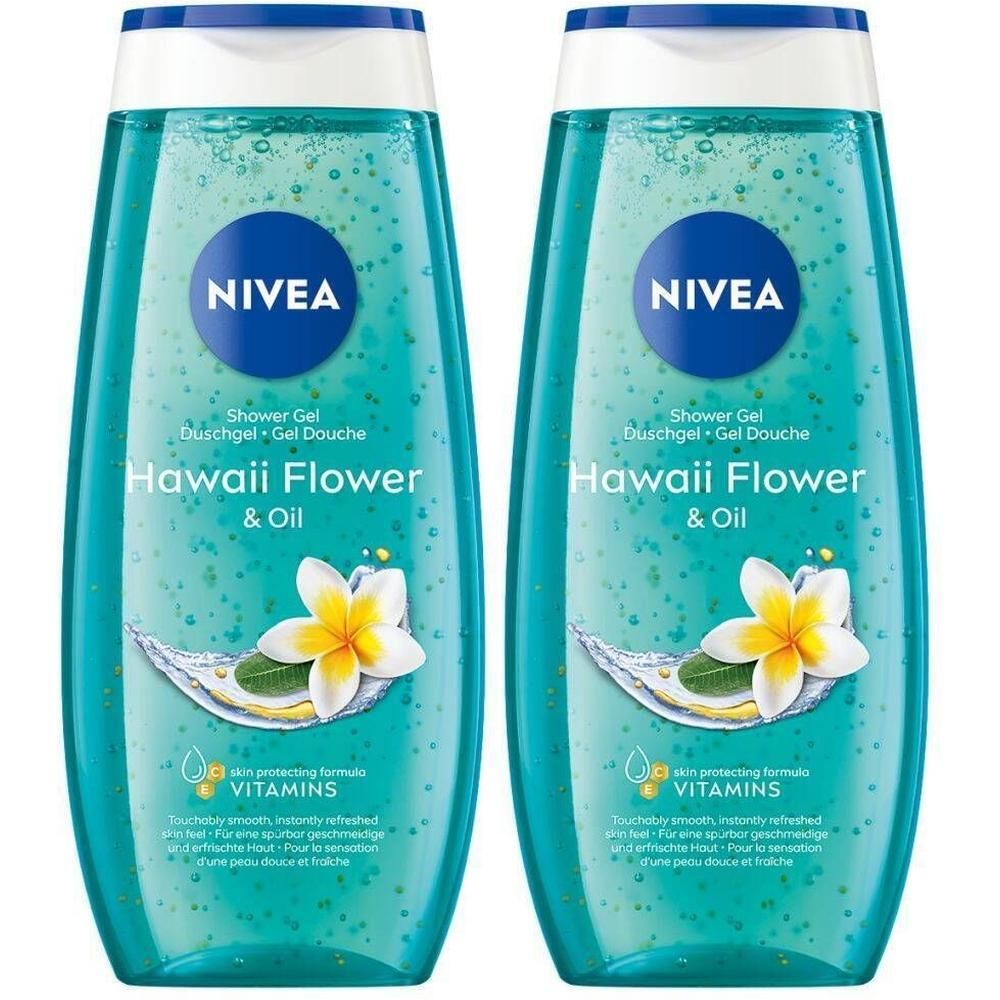 Deux flacons de gel douche. Liquide turquoise avec motif floral. Inscription : Nivea, Hawaii Flower & Oil, Vitamines.