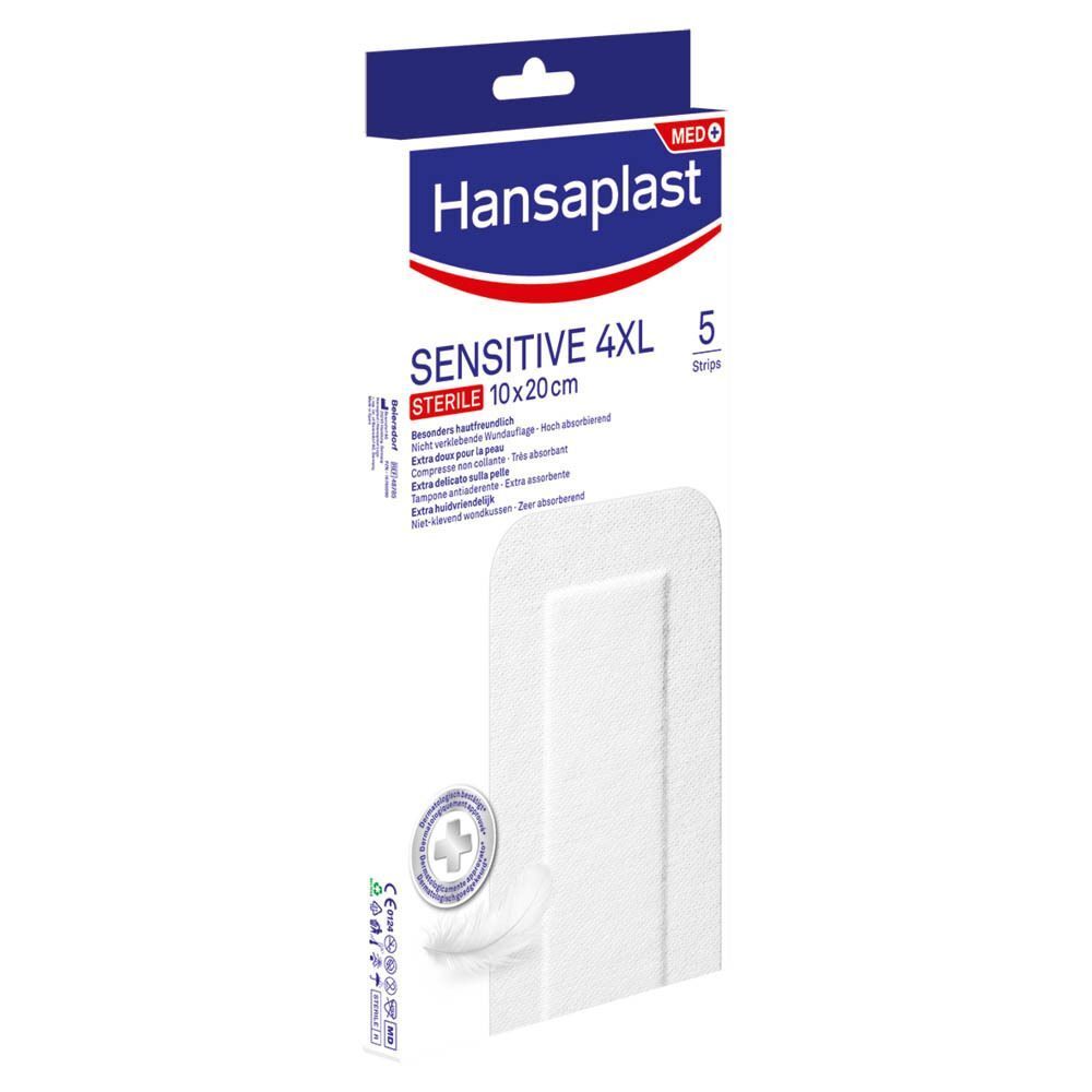 Verpakking Hansaplast Sensitive 4XL steriele pleisters. Bevat 5 pleisters. Afmeting 10x20cm. Merk Hansaplast.