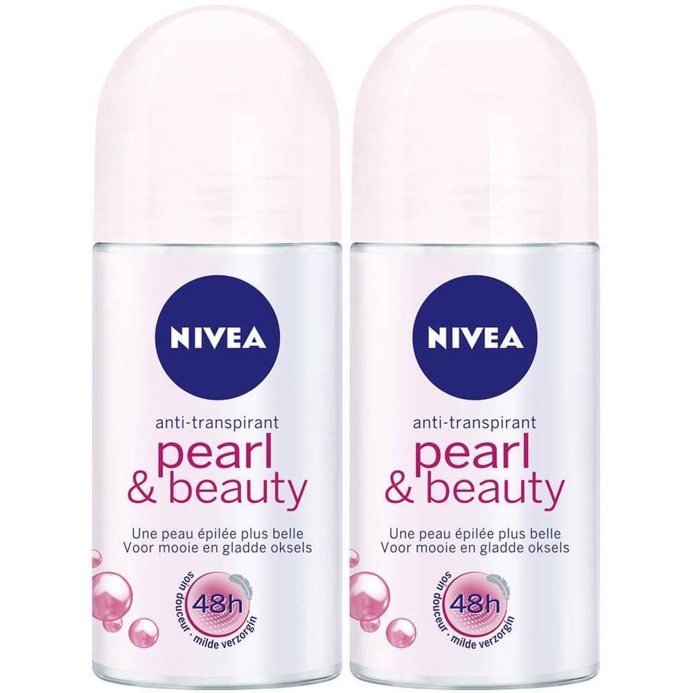 Deux déodorants roll-on NIVEA Pearl & Beauty. Flacon blanc avec détails roses, logo bleu et nom du produit.