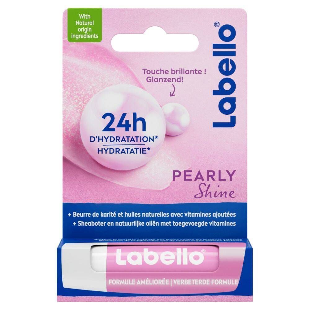 Emballage avec stick à lèvres rose. Inscription: Labello Pearly Shine, 24h Hydratation.