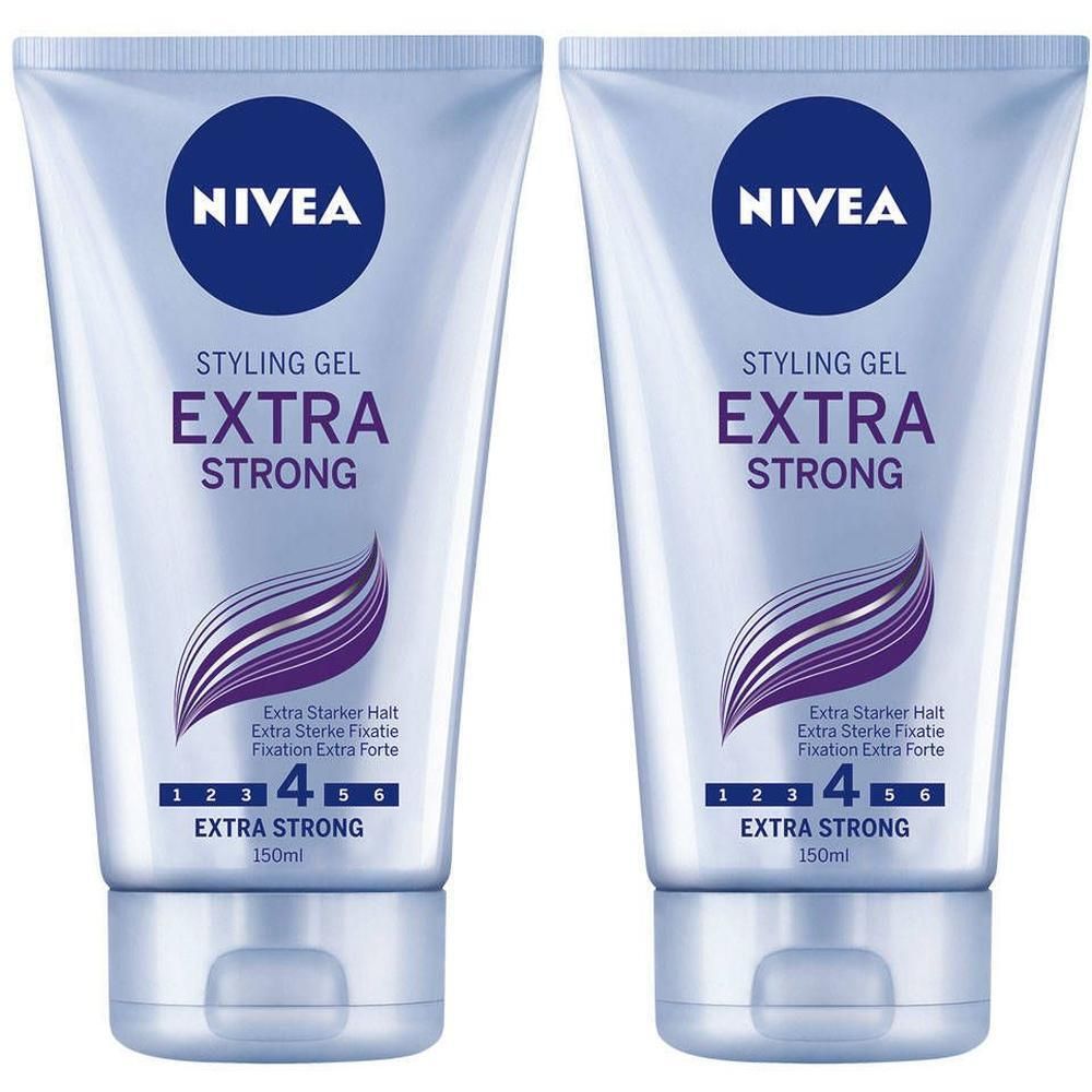 Deux tubes de gel coiffant Nivea Extra Strong. Tubes bleu clair avec logo bleu et noms de produits. Degré de fixation 4.