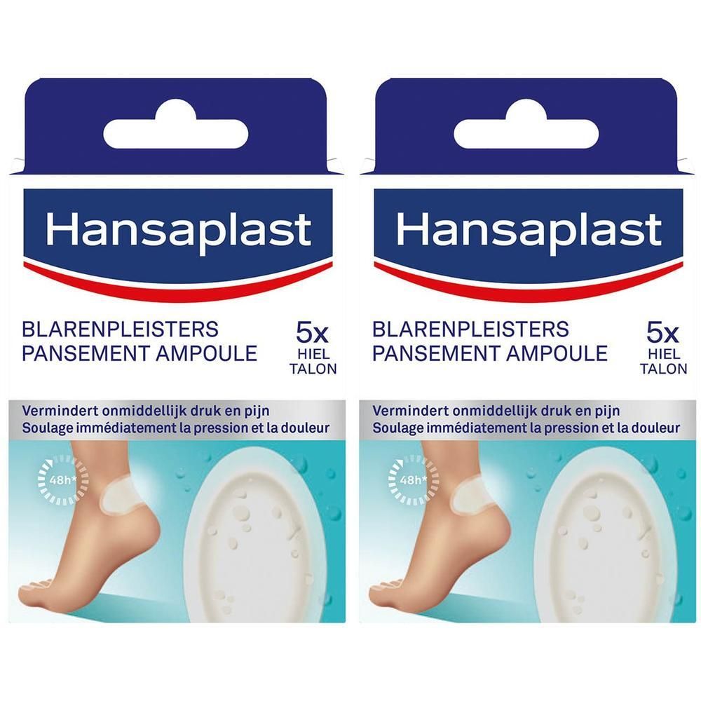 Twee verpakkingen Hansaplast blarenpleisters. Opschrift: 5x hiel. Illustratie: voet met pleister.
