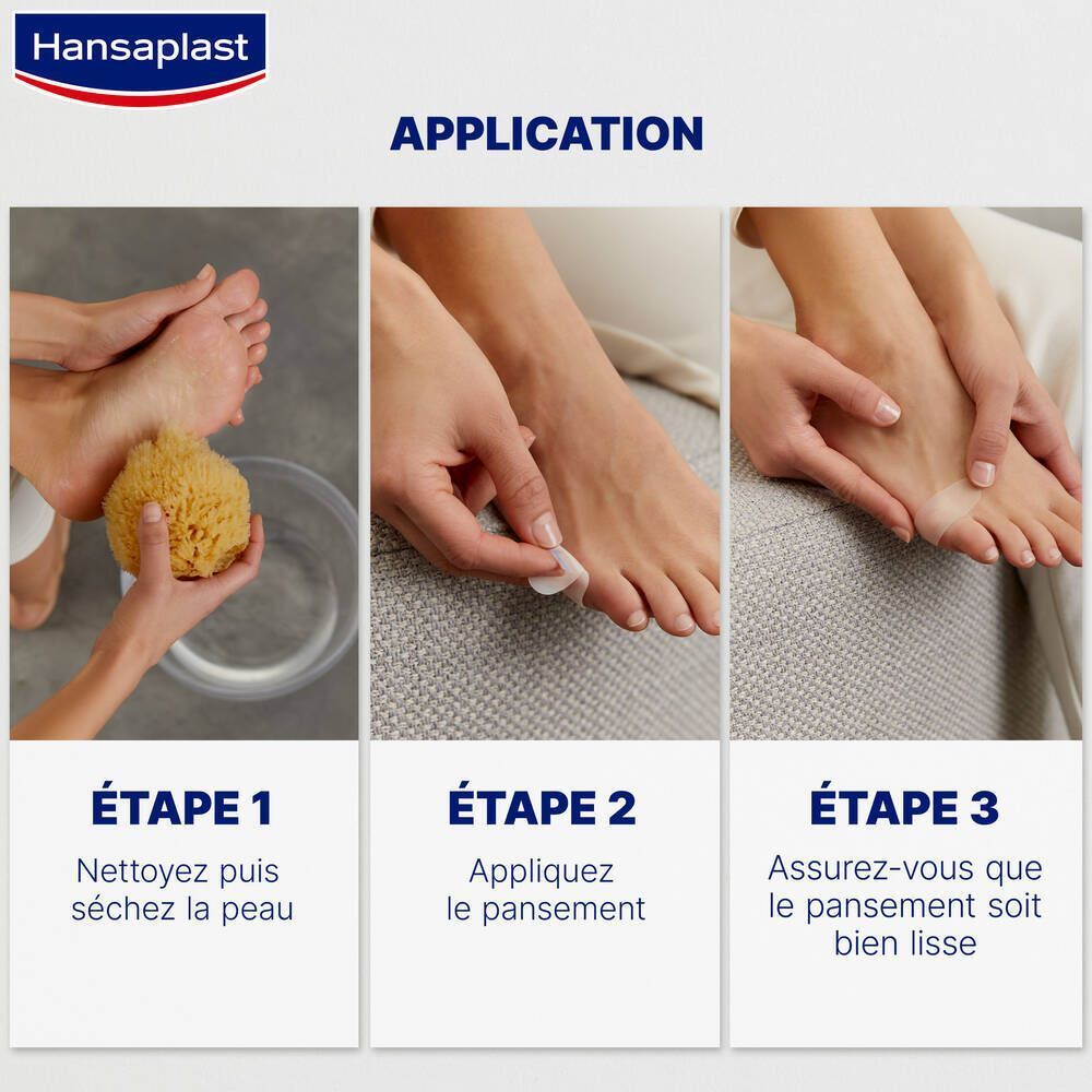 Exemple d'application : Nettoyer, appliquer et lisser le pansement sur le pied. Trois étapes.
