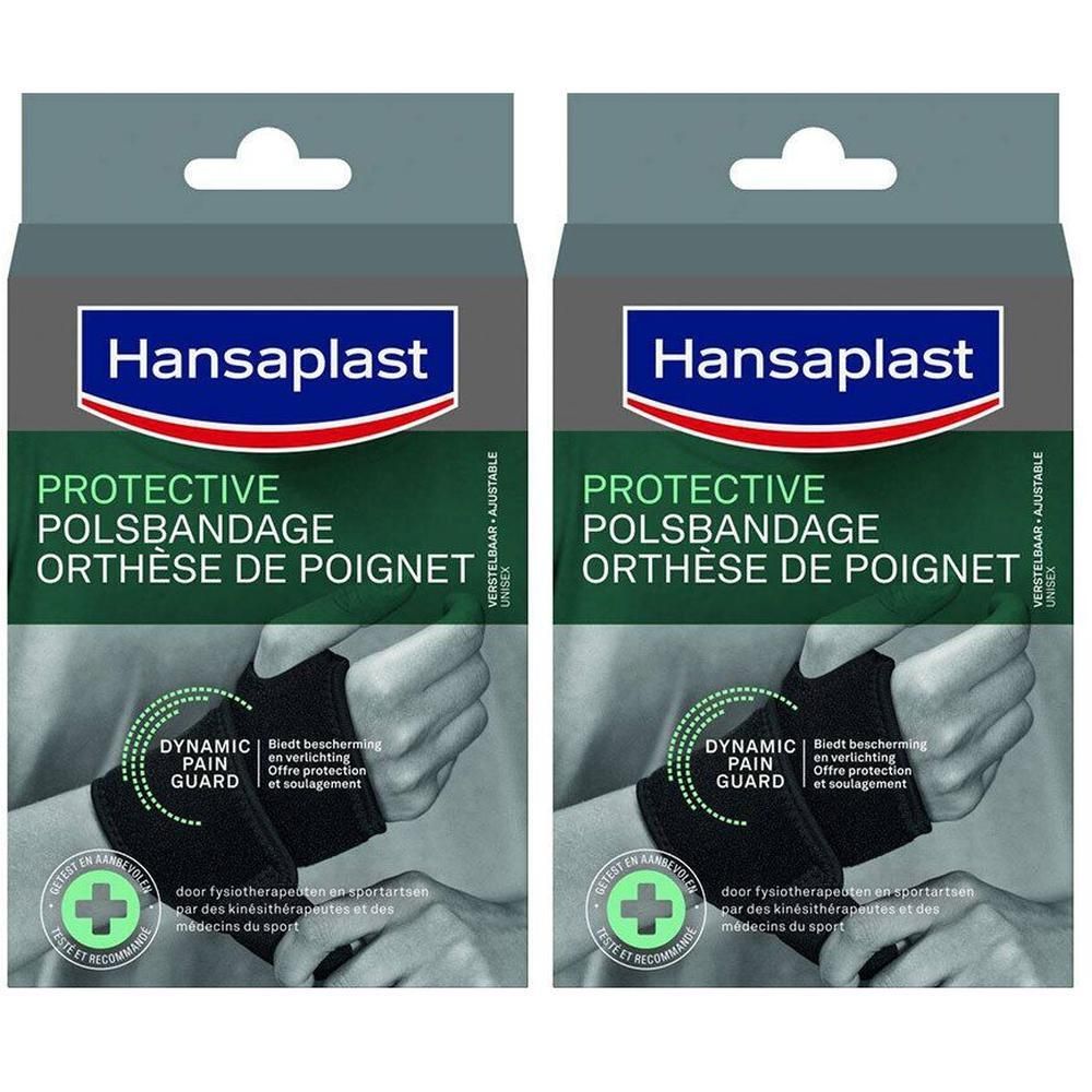 Twee verpakkingen Hansaplast Protective Polsbandage. Zwarte polsbrace, groene accenten, witte tekst.