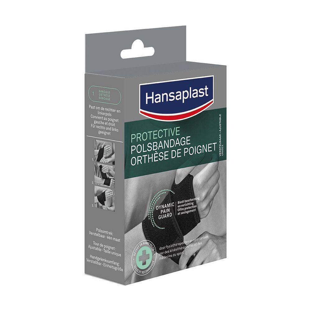 Verpakking Hansaplast Protective Polsbandage. Zwarte polsbrace, groene accenten, witte tekst.