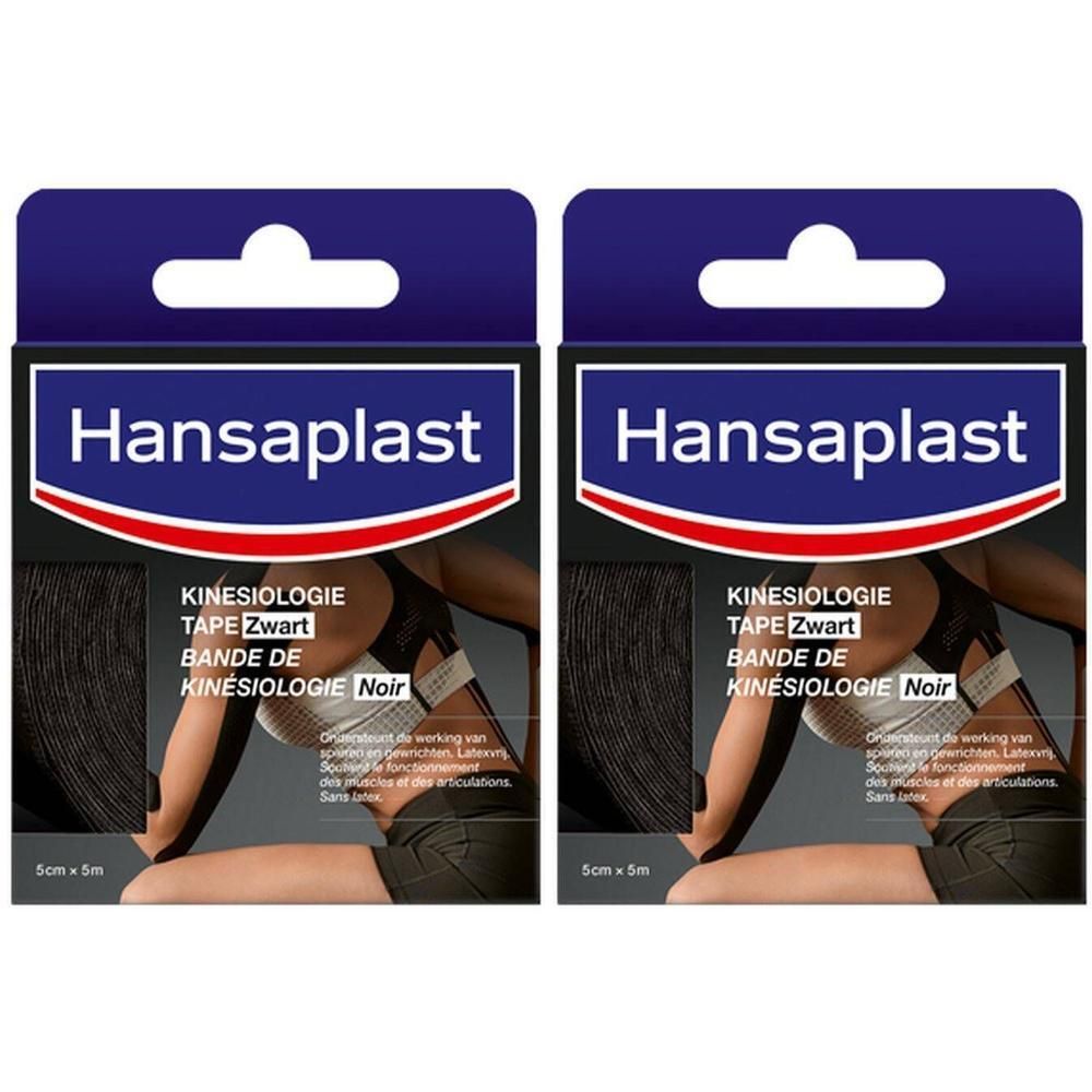 Twee verpakkingen zwarte Hansaplast kinesiotape. Opschrift: Kinesiologie Tape Zwart, 5cm x 5m.