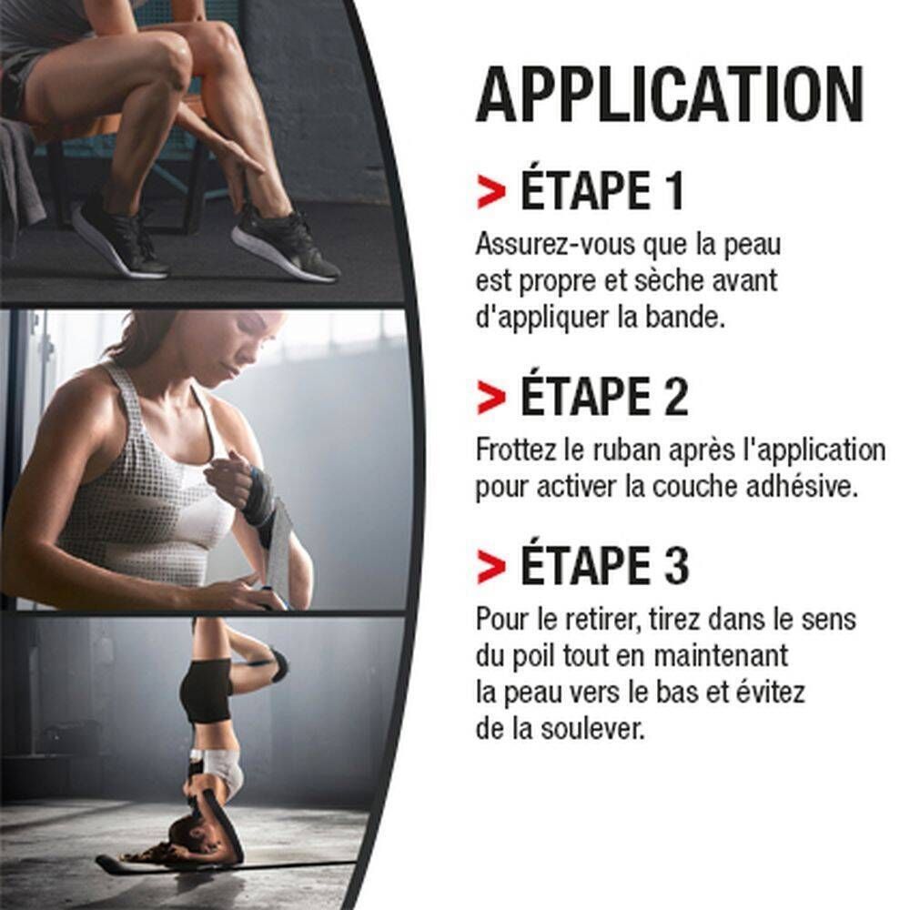 Instructions d'application du ruban de kinésiologie. Étapes 1 à 3 avec images. Texte en français.