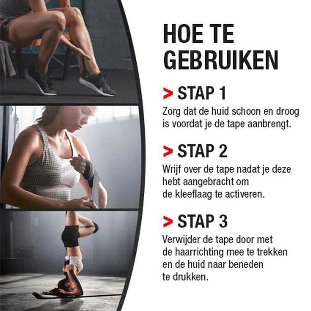 Gebruiksaanwijzing voor kinesiotape. Stappen 1-3 met afbeeldingen. Tekst in het Nederlands.