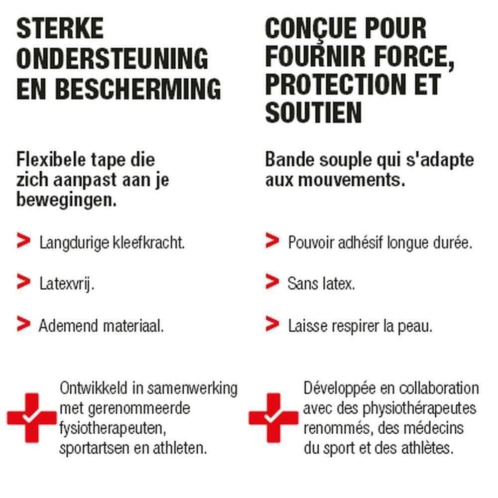 Informations sur le ruban de kinésiologie. Texte en français et néerlandais. Avantages : soutien, protection, longue durée, sans latex.