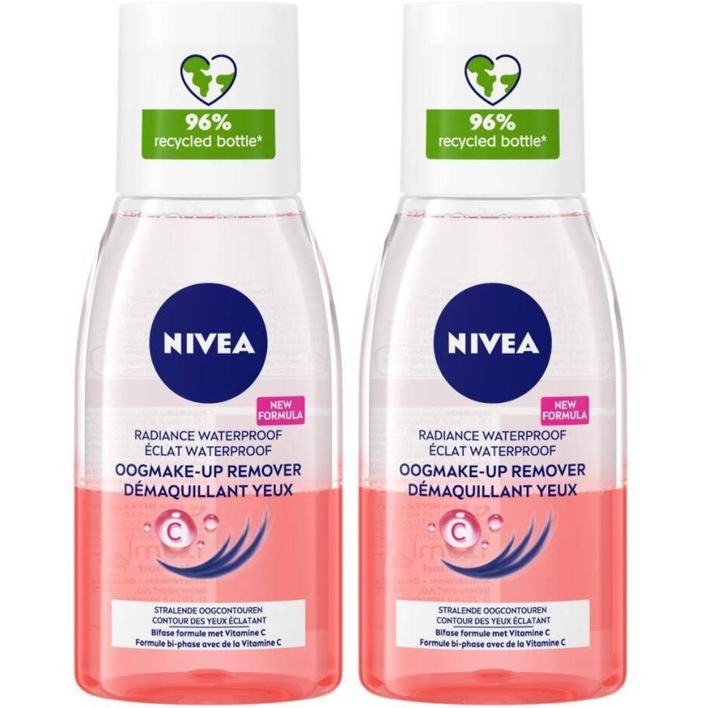 Twee flessen Nivea Éclat Waterproof Démaquillant Yeux. Opschrift: 96% gerecyclede fles. Blauwe logo cirkels met witte tekst.