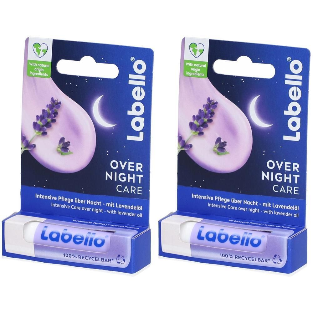 Deux produits Labello® Over Night Care. Emballage avec motif lavande et lune. Inscription: Over Night Care. Stick à lèvres visible.