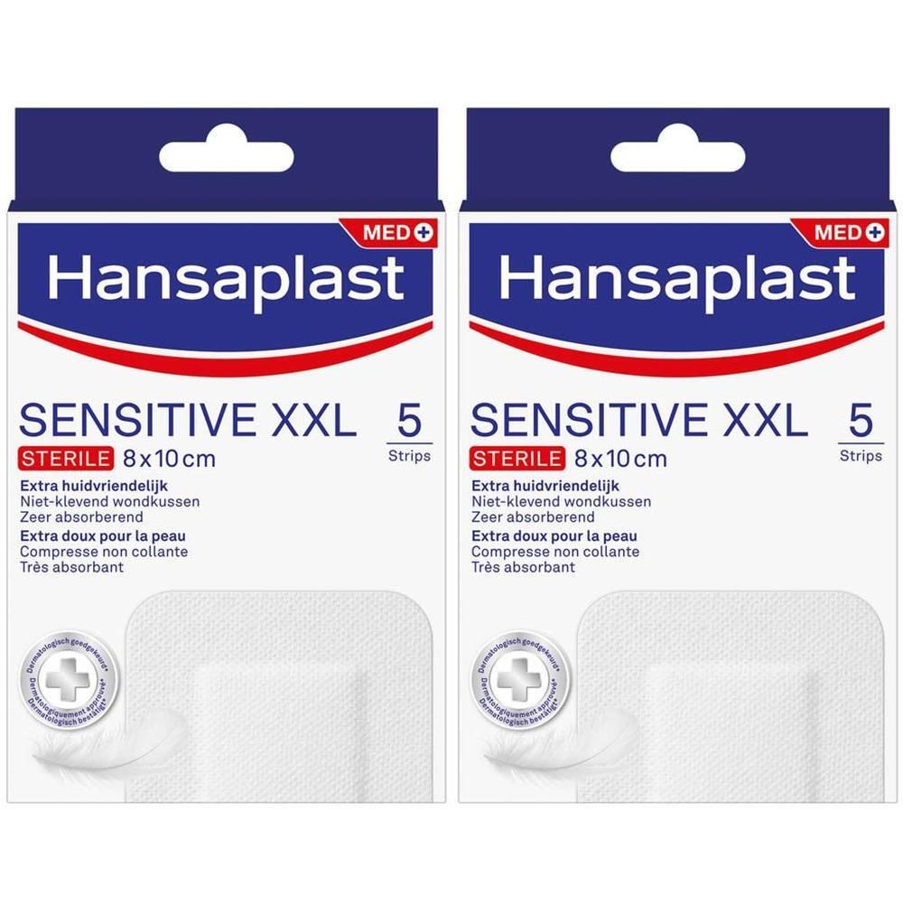 Deux boîtes de Hansaplast Sensitive XXL, stérile, 8x10 cm. Inscription: 5 pansements. Extra doux pour la peau, non collant, très absorbant.