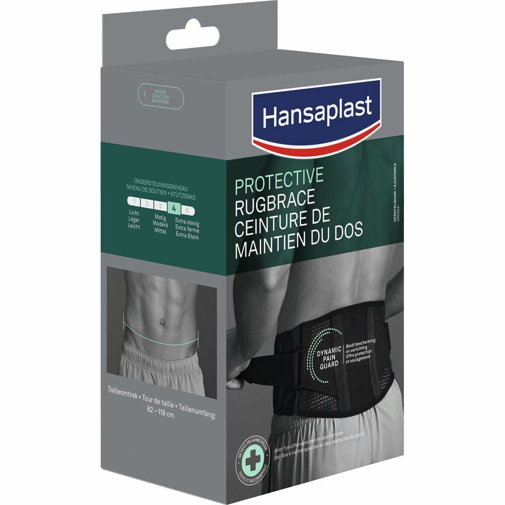 Ceinture de maintien du dos Hansaplast en emballage. Ceinture noire avec velcro. Indications de tailles et illustration.