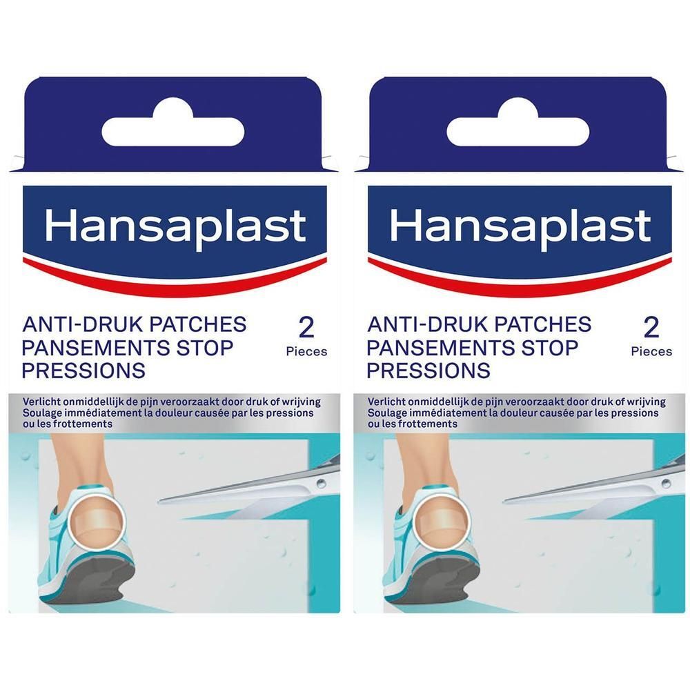Twee verpakkingen Hansaplast Anti-Druk Pleisters. Opschrift: 2 stuks. Illustratie van een voet met pleister.