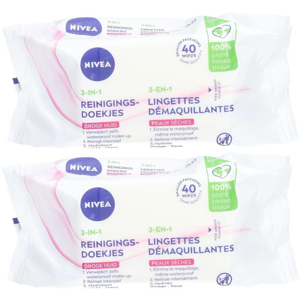Deux paquets de lingettes démaquillantes Nivea 3-en-1. Emballage blanc avec texte bleu et rose. Contient 40 lingettes. 100% base végétale.