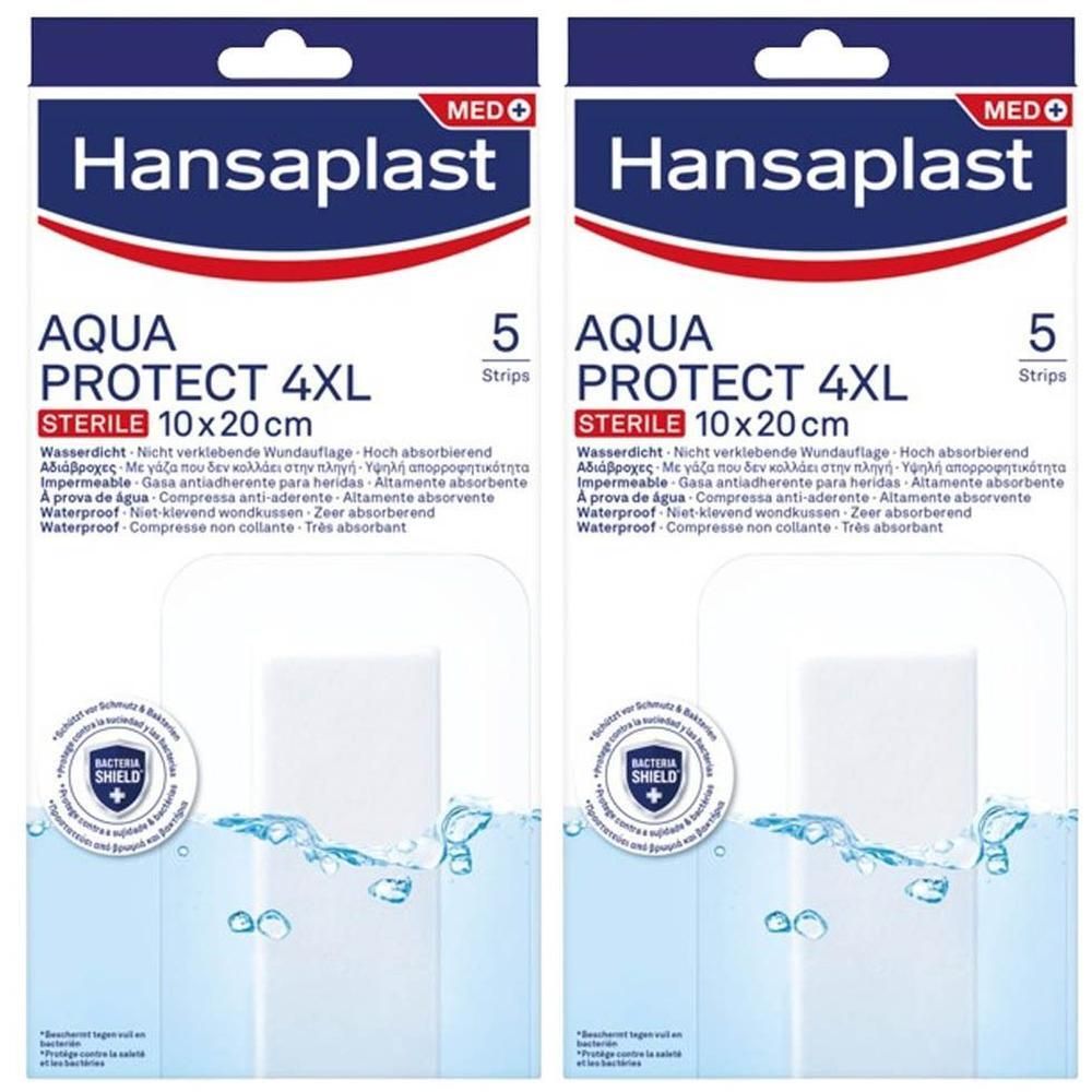 Deux paquets de pansements Hansaplast Aqua Protect 4XL stériles. Chaque paquet contient 5 pansements de 10x20 cm.