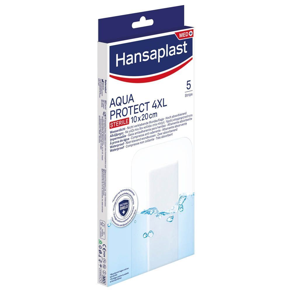 Hansaplast Aqua Protect 4XL verpakking, zijaanzicht. Toont productnaam, maat, aantal en logo.