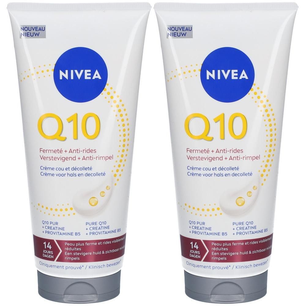 Deux tubes de crème Nivea Q10. Blanc, logo bleu et texte jaune. Fermeté + Anti-rides, Crème cou et décolleté.