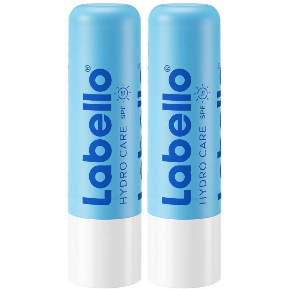 Twee Labello Hydro Care lippenbalsems. Blauwe hulzen met witte bodem. Tekst: Labello, Hydro Care SPF15.