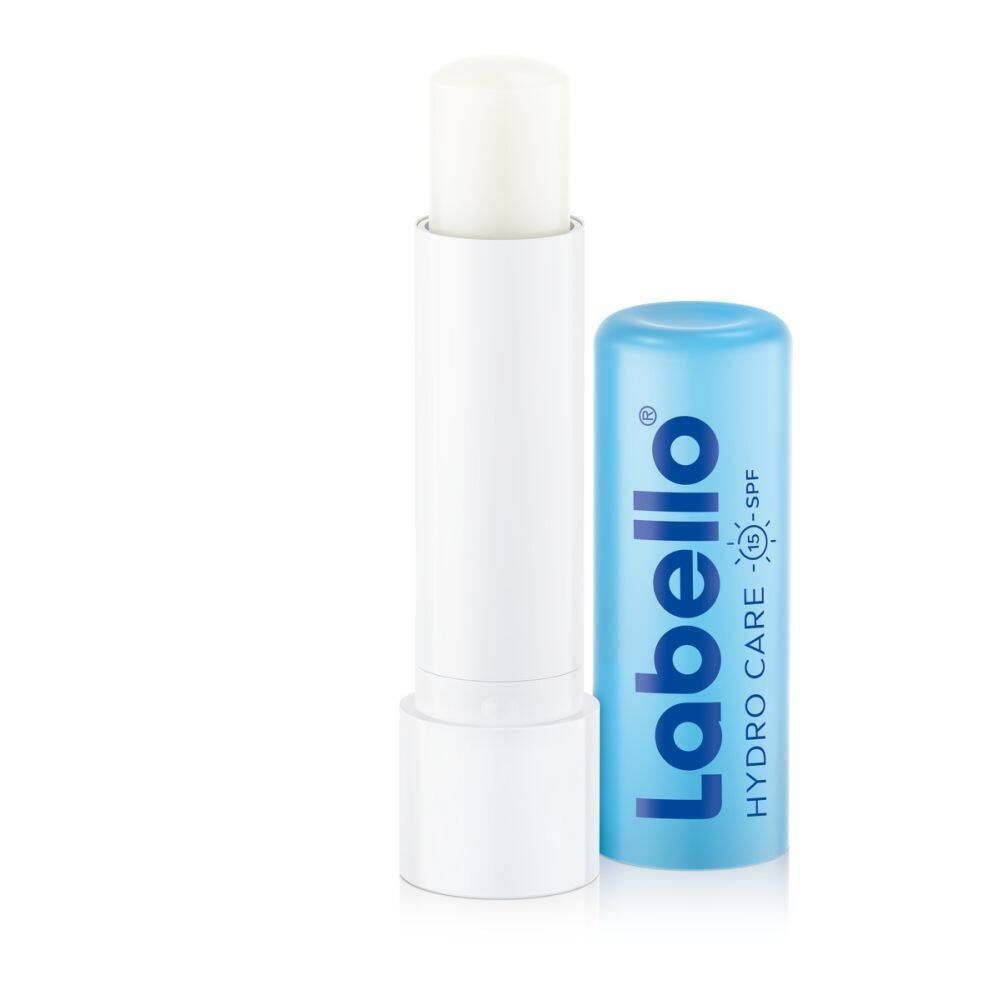 Un stick Labello Hydro Care ouvert. Capuchon bleu, stick blanc. Texte: Labello, Hydro Care SPF15.