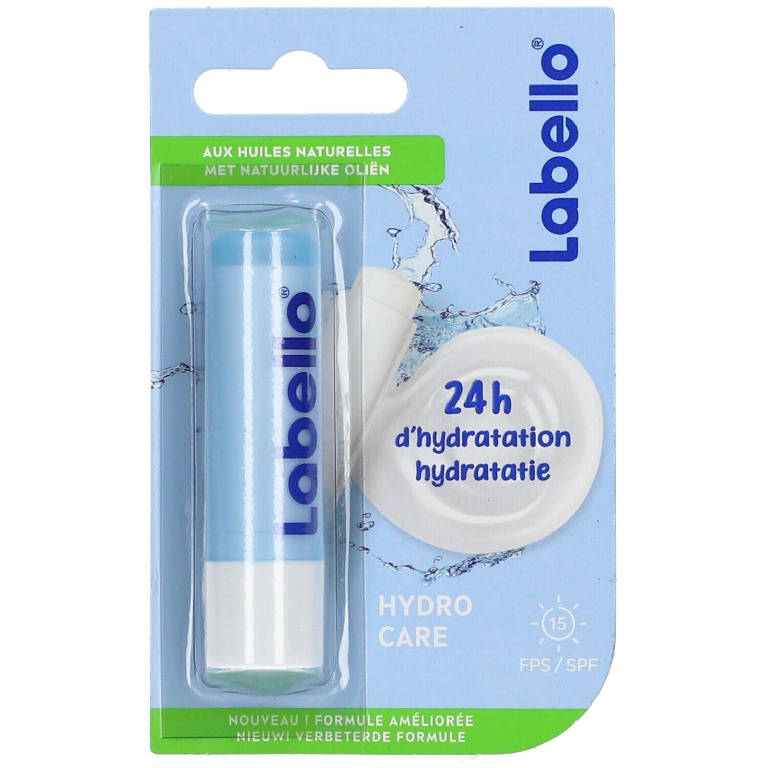 Stick Labello Hydro Care dans un emballage blister. Tube bleu, texte: Labello, Hydro Care SPF15, 24h Hydratation.