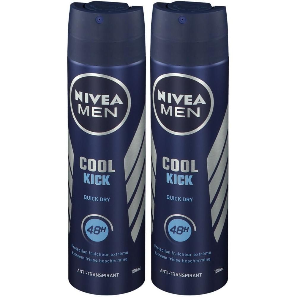 Deux sprays déodorants bleus. Inscription: NIVEA MEN COOL KICK, 48H, Anti-transpirant. Bandes argentées.