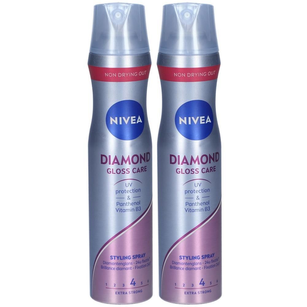 Deux flacons de spray coiffant Nivea Diamond Gloss Care. Flacons argentés avec logos bleus et informations produit.