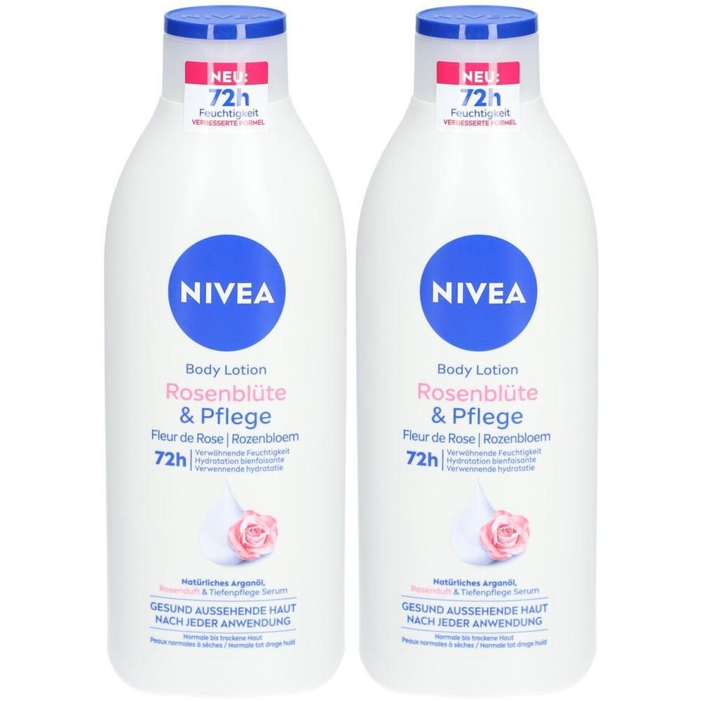Twee witte Nivea bodylotion flessen met blauwe doppen. Opschrift: Rosenblüte & Pflege, 72h hydratatie. Rozen illustratie.