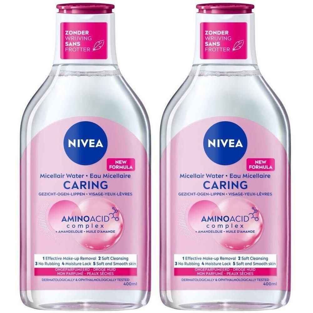 Twee flessen Nivea MicellAIR Caring. Roze etiket met productinformatie. Opschrift: Micellair Water, Amino Acid Complex, voor de droge huid.