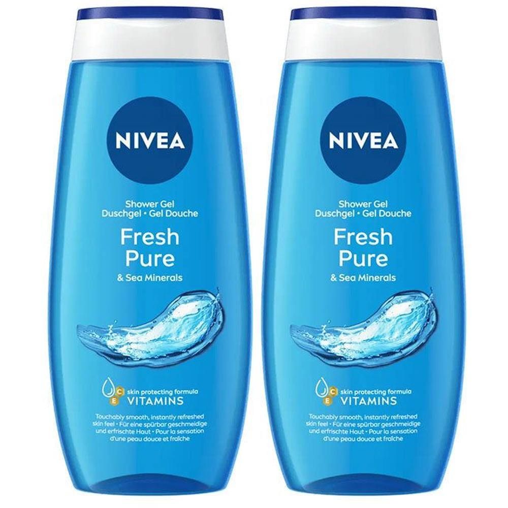 Deux flacons bleus de gel douche avec bouchon blanc. Inscription : NIVEA, Fresh Pure & Sea Minerals. Contient des vitamines.