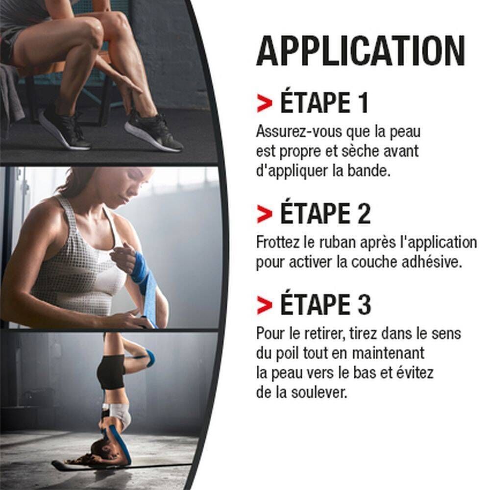 Instructions d'application du ruban de kinésiologie. Étapes 1-3 avec images et texte en français.