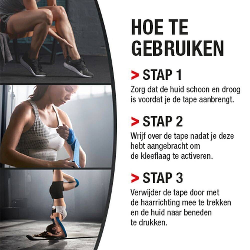 Instructies voor het aanbrengen van kinesiotape. Stappen 1-3 met afbeeldingen en tekst in het Nederlands.