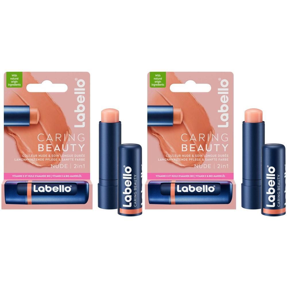 Twee lippenstiften met verpakking. Op de verpakking staat "Labello Caring Beauty Nude". De stiften zijn blauw en roze.