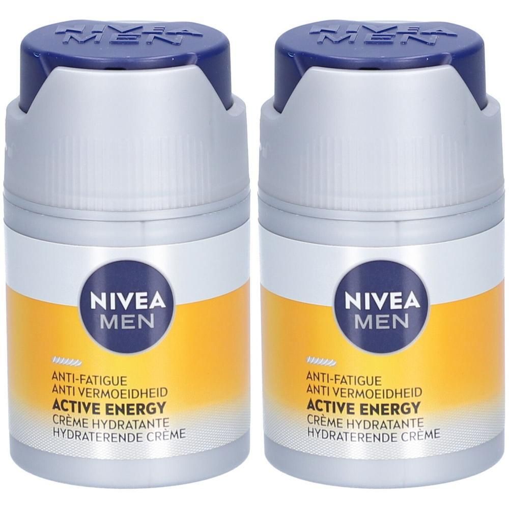 Deux pots de crème avec couvercles bleus. Inscription : NIVEA MEN, ACTIVE ENERGY. Étiquette jaune-orange avec texte multilingue.