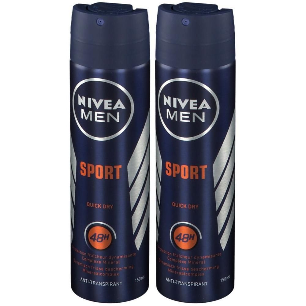 Twee blauwe deodorant sprays. Opschrift: NIVEA MEN SPORT, QUICK DRY, 48H. Anti-transpirant. Zilveren strepen.