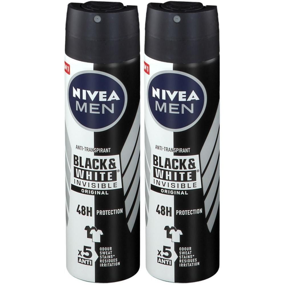 Deux déodorants Nivea Men Black & White Invisible Original. Boîtiers noirs et blancs avec tête de pulvérisation noire. Texte: 48H Protection.