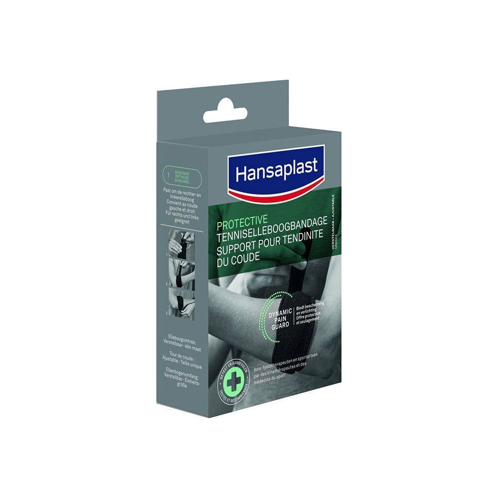 Hansaplast Protective Support pour Tendinite du Coude en boîte. Bandage noir, logos verts et blancs.