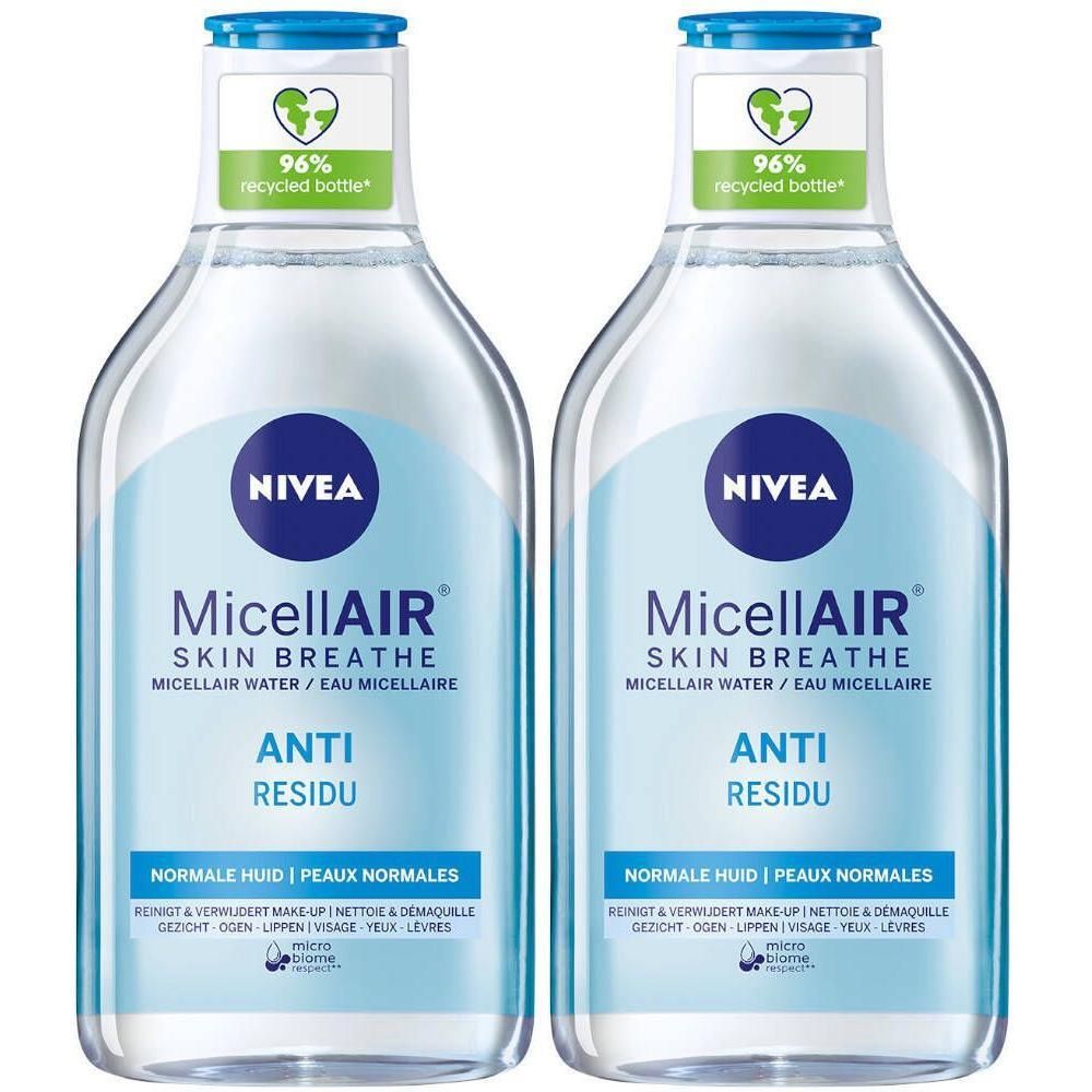 Deux flacons de Nivea MicellAIR Skin Breathe. Liquide clair, bouchon bleu, étiquette blanche avec logo et texte. Bouteille recyclée à 96%.