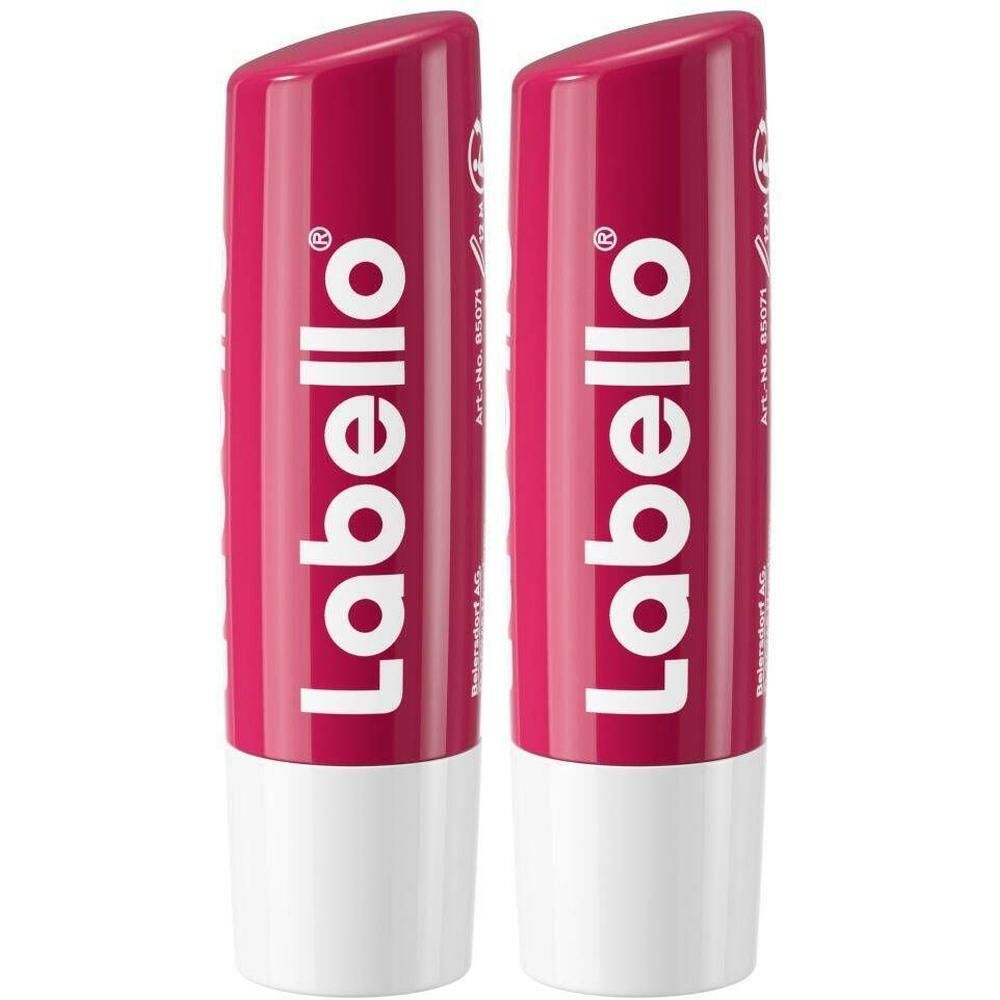 Deux sticks Labello® rose, base blanche, texte blanc.