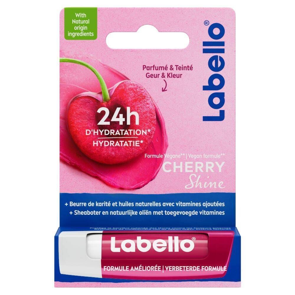 Labello® Cherry Shine en emballage, image de cerise, texte.