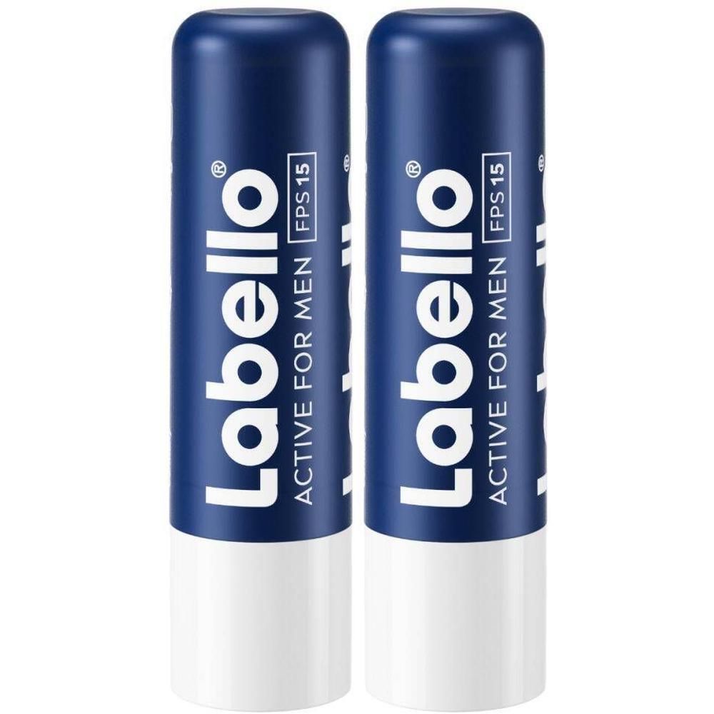 Twee Labello® Men Active lippenbalsem. Blauwe hulzen met witte tekst. SPF 15.