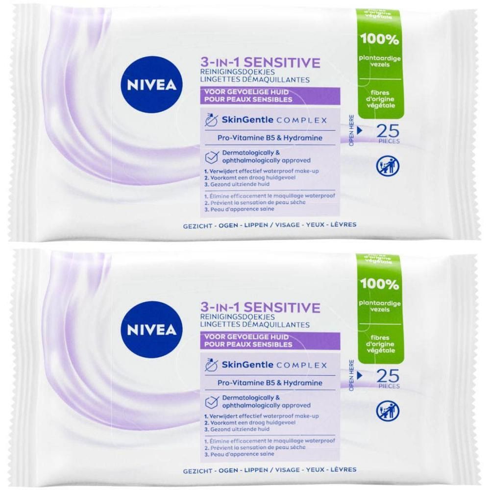 Deux paquets de lingettes démaquillantes Nivea 3-en-1 Sensitive. Emballage blanc avec accents violets. Texte : 3-en-1 Sensitive, SkinGentle COMPLEX, 25 lingettes.