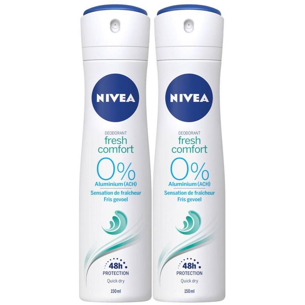Twee witte deodorant sprays met blauwe dop. Opschrift: Nivea, Fresh Comfort, 0% Aluminium. 48h bescherming, Quick dry.