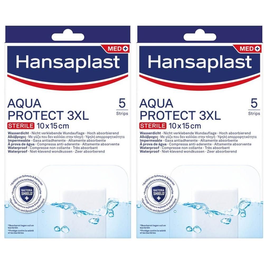 Deux boîtes de Hansaplast Aqua Protect 3XL. Chaque boîte contient 5 pansements stériles, 10x15 cm. Imperméable et hautement absorbant.