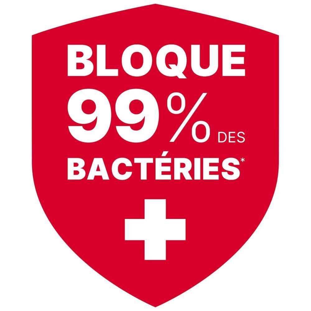 Écusson rouge avec croix blanche et texte : Bloque 99% des bactéries.