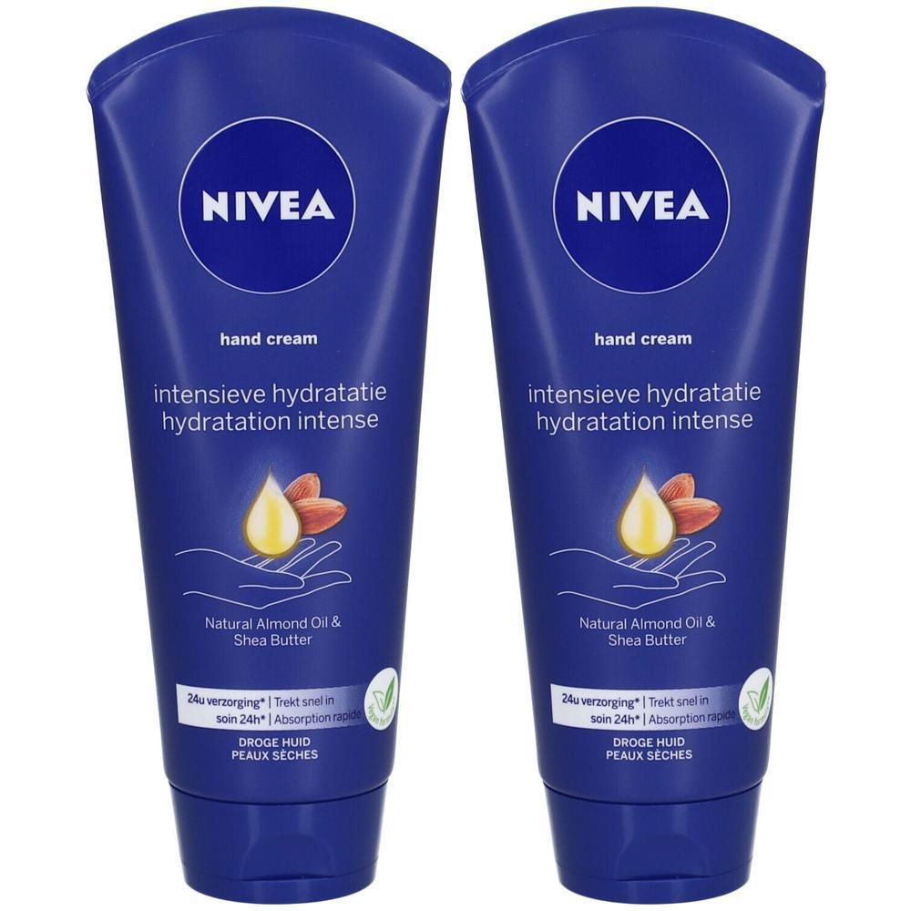 Deux tubes bleus de crème pour les mains. Inscription : NIVEA, crème pour les mains, hydratation intense. Contient de l'huile d'amande et du beurre de karité. Pour peaux sèches.