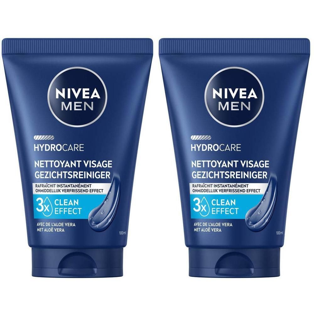 Twee blauwe tubes NIVEA MEN Hydrocare Gezichtsreiniger. Opschrift: 3x Clean Effect, met Aloe Vera.