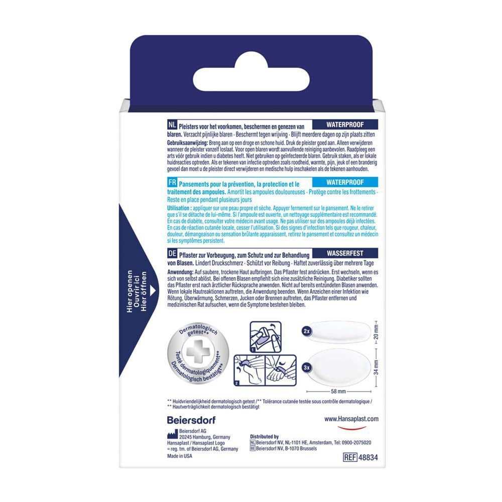 Dos de la boîte de pansements ampoules Hansaplast. Texte en allemand, français, néerlandais. Illustrations : utilisation.